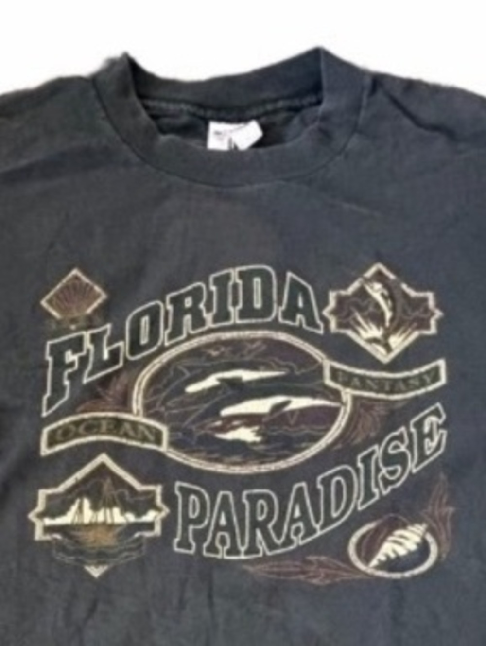 Vintage Florida Paradise Ocean Fantasy Faded Black Graphic T-Shirt XL USA